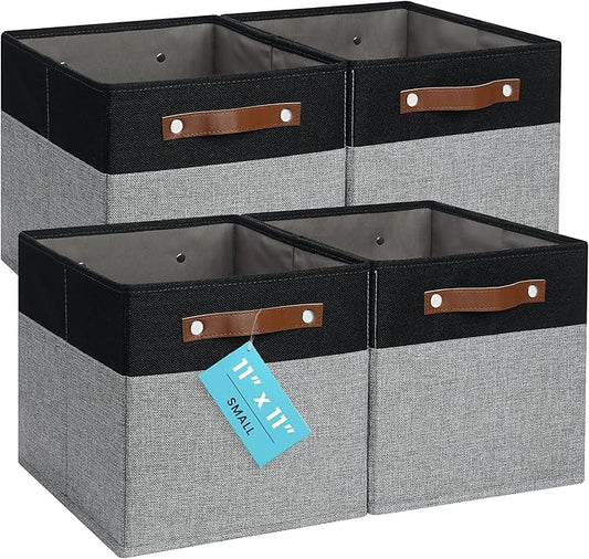 OrganiHaus 11" x 11" x 11" Fabric Cube Storage Bins - Set of 4, Canvas Cubby Bins with Vegan Handles, Square Storage Cubes, Kallax Storage Cubes, 11 Inch Cubic Baskets for Shelves in Gray/Black