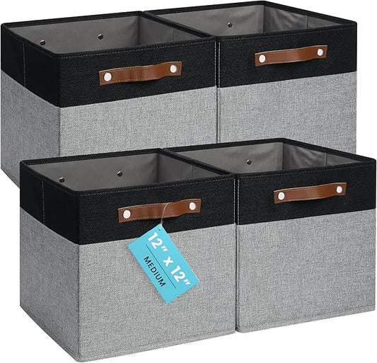 OrganiHaus 12" x 12" x 12" Fabric Storage Bins - Set of 4, Cube Canvas Organizer Bins with Vegan Handles, Kallax Storage Cubes, Cubbies Organizer Boxes, 12 Inch Cubic Baskets for Shelves - Grey/Black
