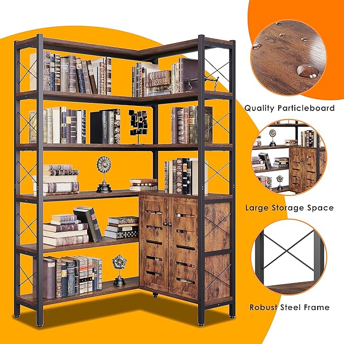 6-Shelf Corner Bookshelf, Vintage Industrial Corner Shelf Etagere Bookcase, Large Book Shelf with Metal Frame Open Storage Corner Cabinet (Brown-Lockers)